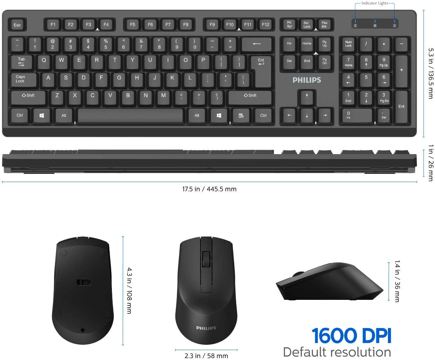 710zswEY-gL._AC_SL1500 PHILIPS Wireless Keyboard and Mouse Combo 2.4GHz Drop-Free Connection SPT6354
