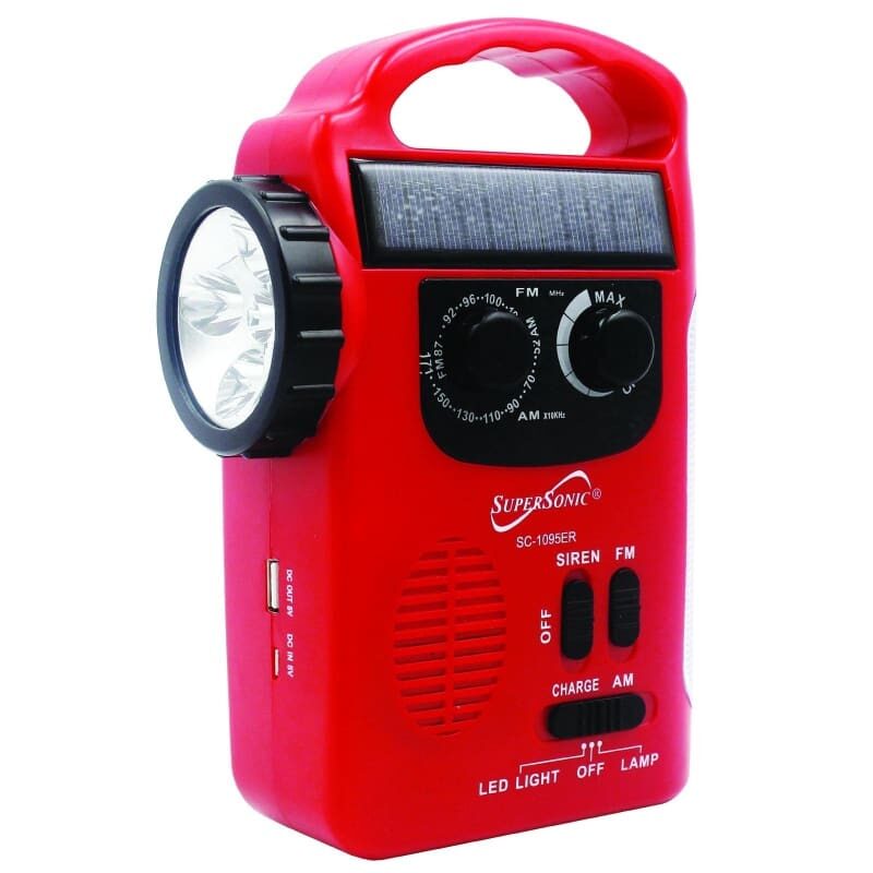 Supersonic AM/FM Emergency Radio with Solar Panel, Dynamo & LED Flashlight – SC1095ER - Red