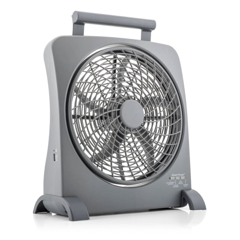 Treva 10 inch Rechargeable Portable Fan Smart Power Air Circulator. Plug-In AC Adapter and Battery Powered, USB Charging Port, For Camping, Travel and Indoors Use
